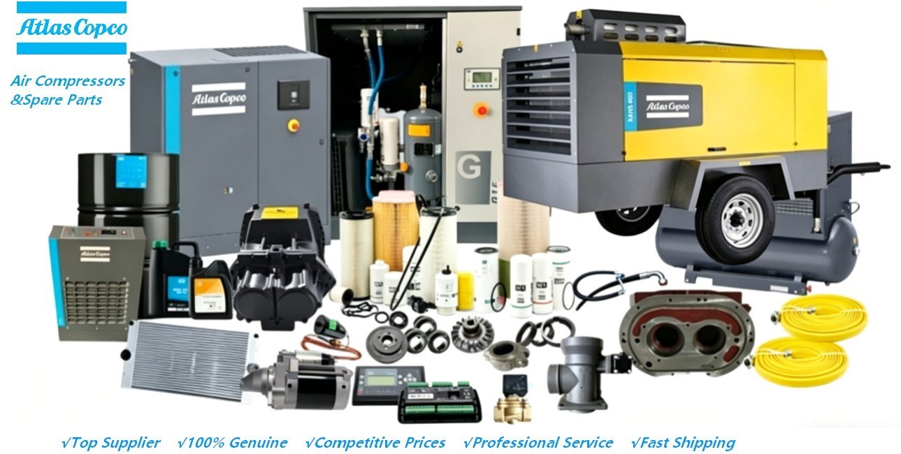 Atlas Copco air compressors and genuine spare parts — dryers, filters, oils, air ends and portable compressors